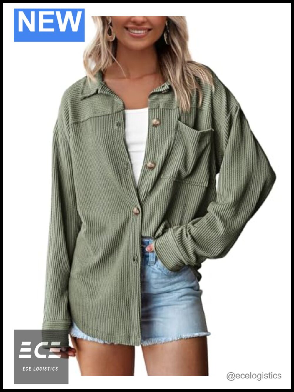 Oversized Textured Button Down Shirt Long Sleeve Knit Blouse with Pockets